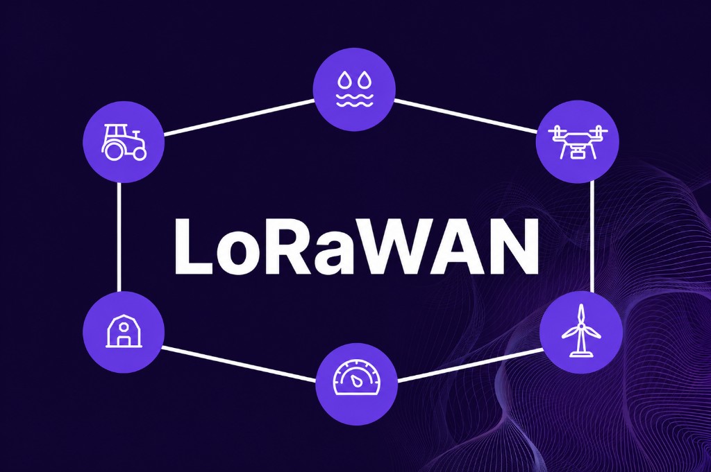 Diagrama LoRaWAN — conectividade IoT para agricultura, energia, utilities e operações industriais
